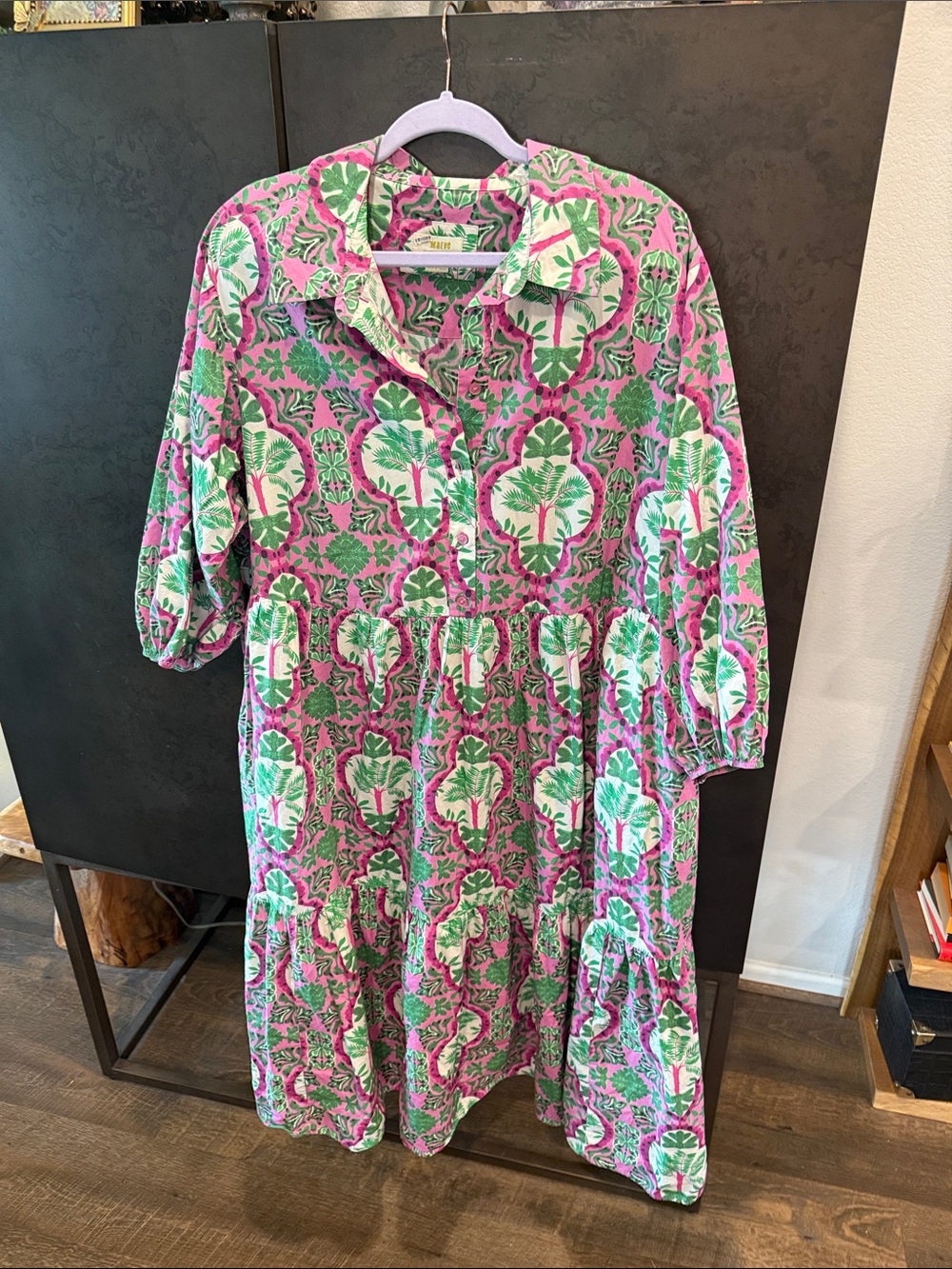 Anthropologie Pink and Green Botanical Cotton Midi Dress 100% Cotton